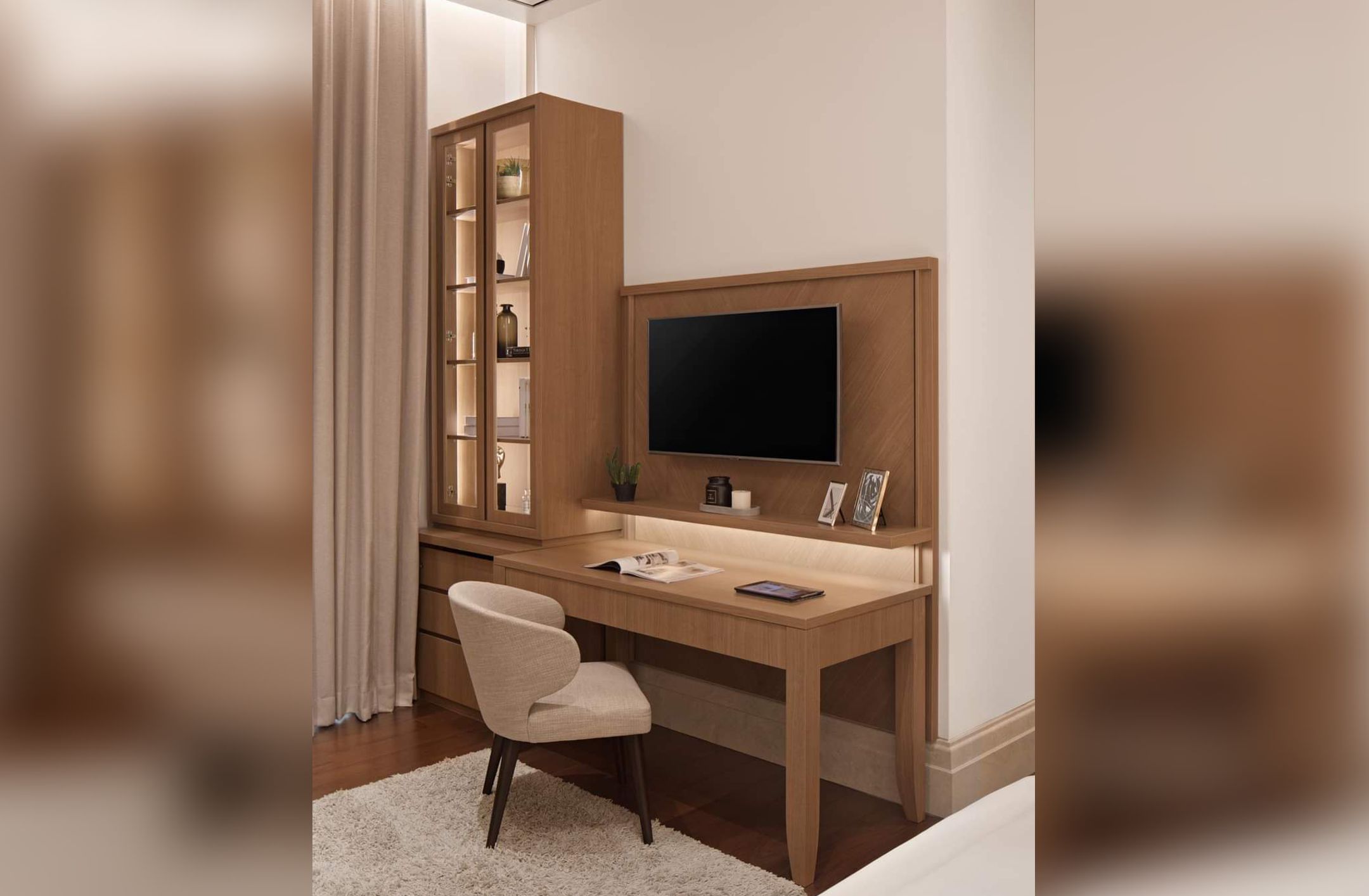 Jasa design interior meja rias minimalis bahan HPL Wood kayu coklat brown panel TV kursi custom
